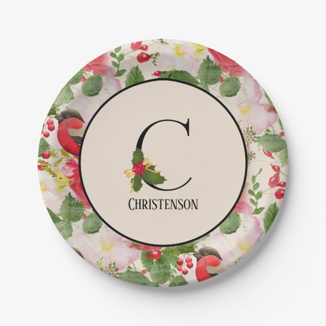 Floral Holiday Pattern Monogram Initial C Paper Plate (Front)