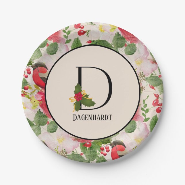 Floral Holiday Pattern Monogram Initial D Paper Pl Plate (Front)