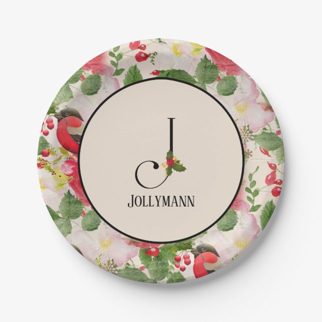 Floral Holiday Pattern Monogram Initial J Paper Plate (Front)