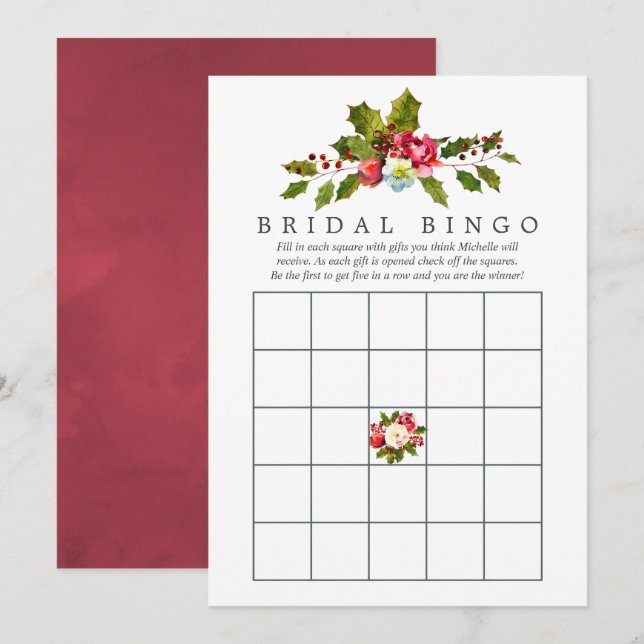 Floral Holly Christmas Bridal Shower Bingo Invitation (Front/Back)