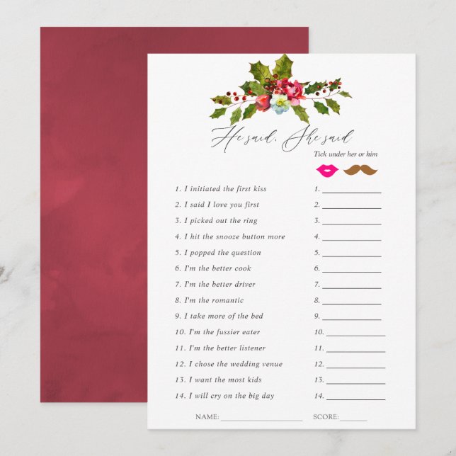 Floral Holly Christmas Bridal Shower Game Invitation (Front/Back)