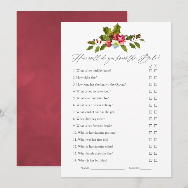 Floral Holly Christmas Bridal Shower Game Invitation (Front/Back)