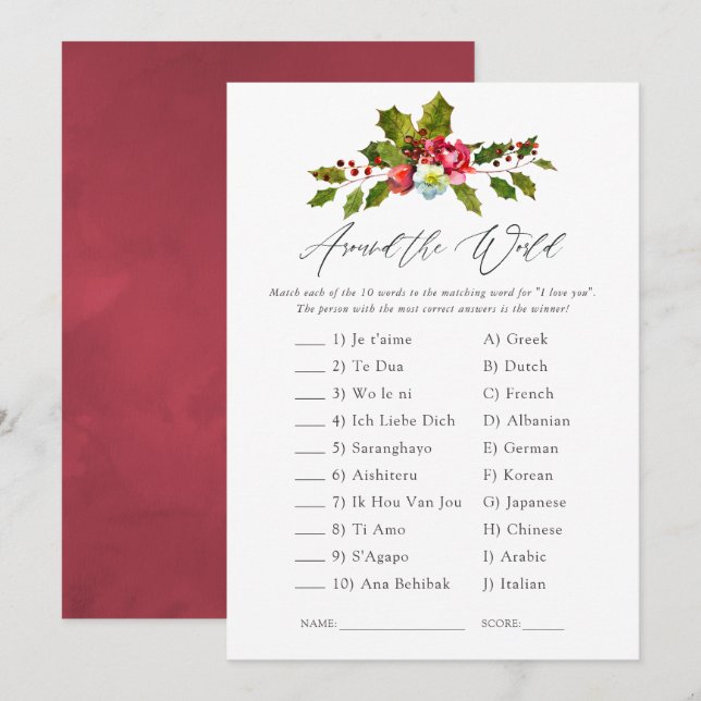 Floral Holly Christmas Bridal Shower Game Invitation (Front/Back)