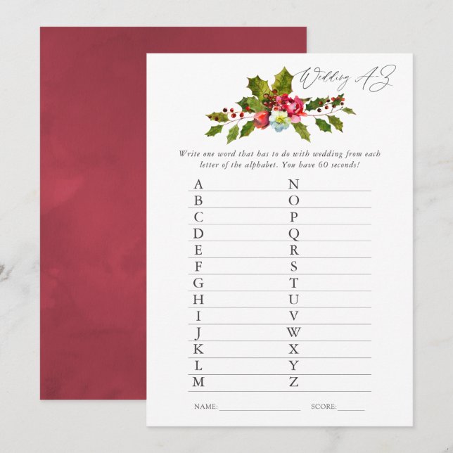 Floral Holly Christmas Bridal Shower Game Invitation (Front/Back)