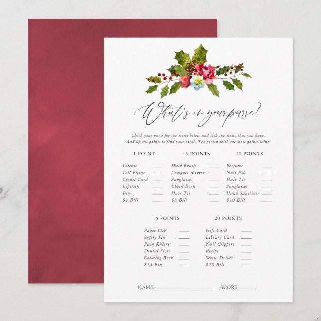 Floral Holly Christmas Bridal Shower Game Invitation (Front/Back)