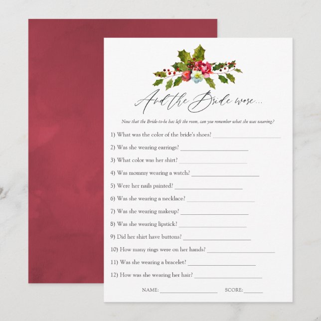 Floral Holly Christmas Bridal Shower Game Invitation (Front/Back)