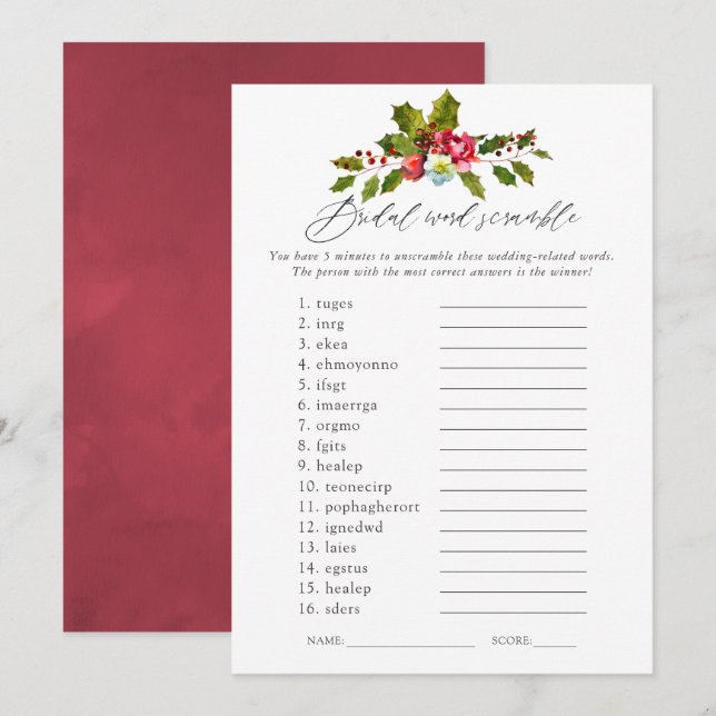 Floral Holly Christmas Bridal Shower Game Invitation (Front/Back)