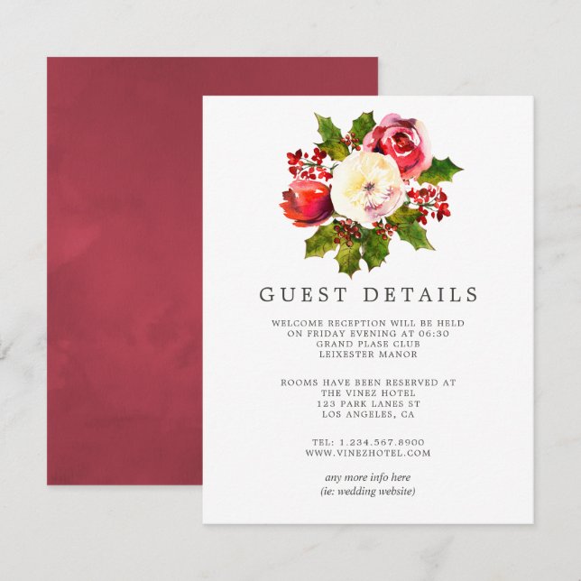Floral Holly Christmas Wedding Guest Details Invitation (Front/Back)