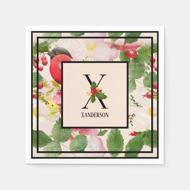 Floral Holly Monogram Letter X Family Name Paper N Napkin (Front)
