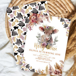 Floral Holy Cow First Birthday Girl Invite