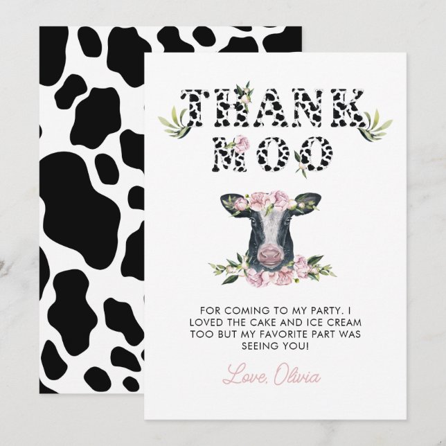Floral Holy Cow Thank Moo Birthday  You Card (Front/Back)