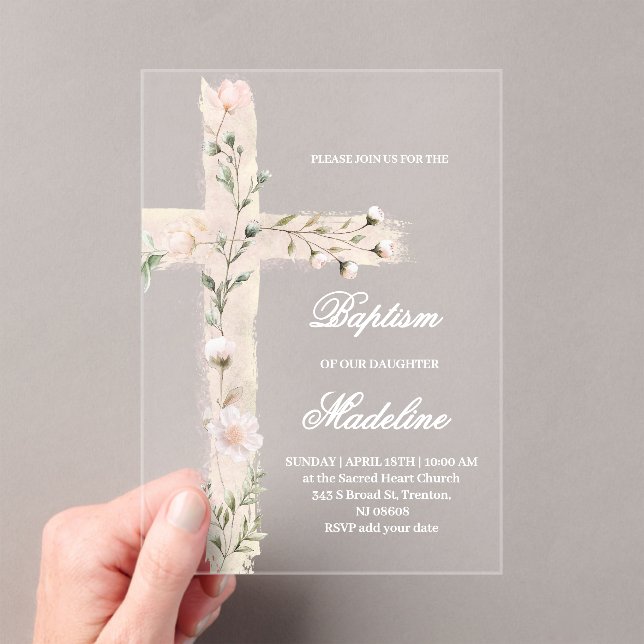floral Holy cross Baptism Acrylic Invitations (Insitu (Handheld))