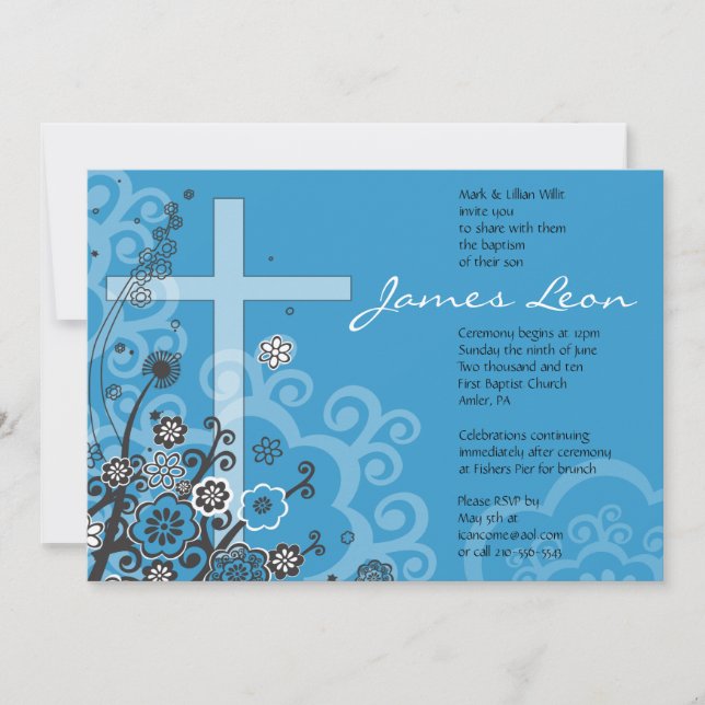 Floral Holy Cross Baptism Christening Invitation (Front)