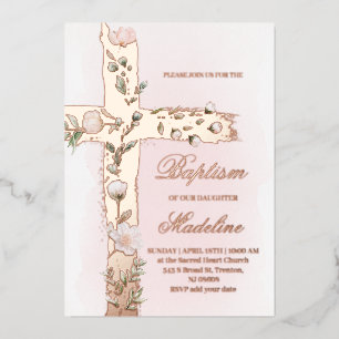 floral Holy cross Baptism Foil Invitation