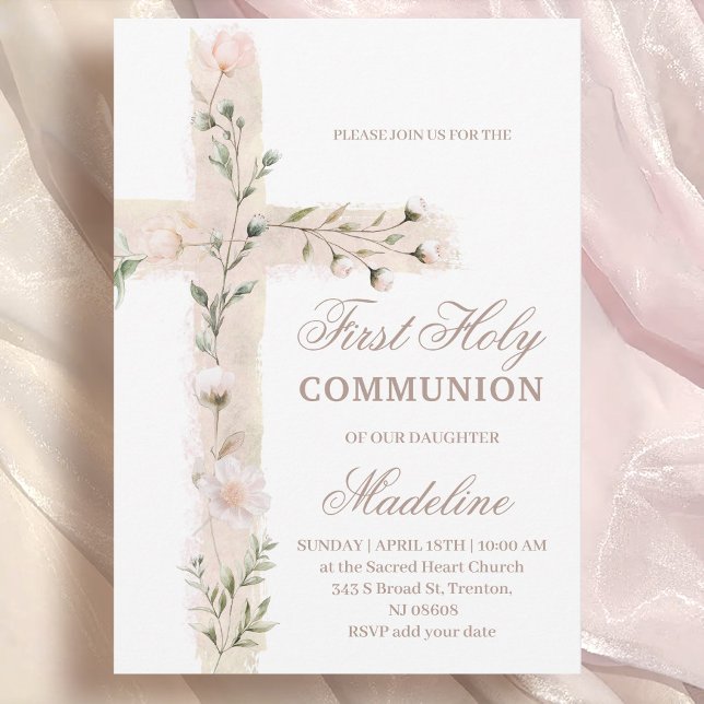 floral Holy cross First Communion Invitation (Creator Uploaded)