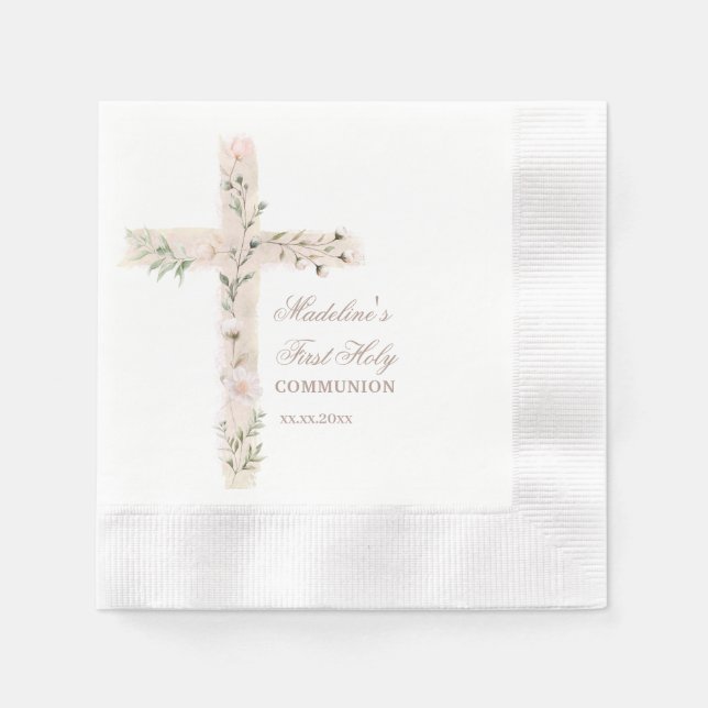 floral Holy cross First Communion Napkin (Front)