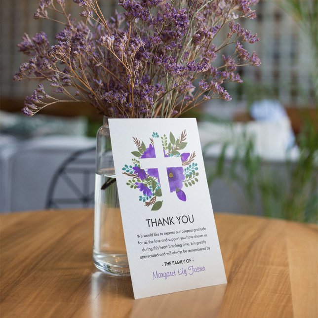 Floral Holy Cross Funeral Photo Thank You Card (Creator Uploaded)