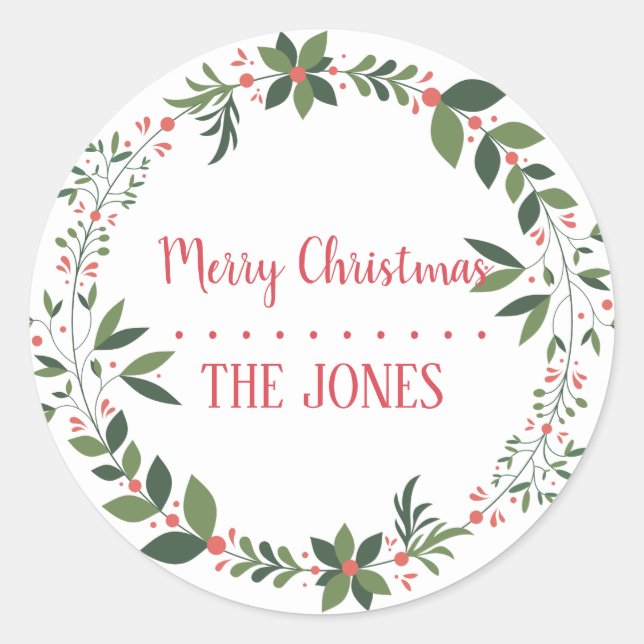 Floral Holy  Wreath | Personalised Christmas Class Classic Round Sticker (Front)