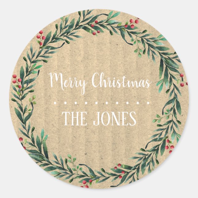 Floral Holy  Wreath | Personalised Christmas Classic Round Sticker (Front)