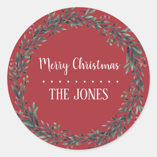 Floral Holy  Wreath | Personalised Christmas Classic Round Sticker (Front)