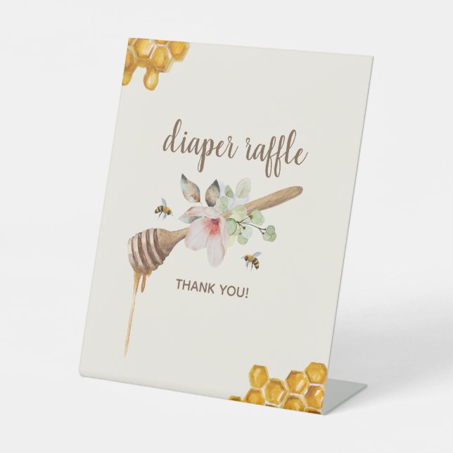 Floral Honey Bee Baby Shower Diaper Raffle Pedestal Sign (Front)