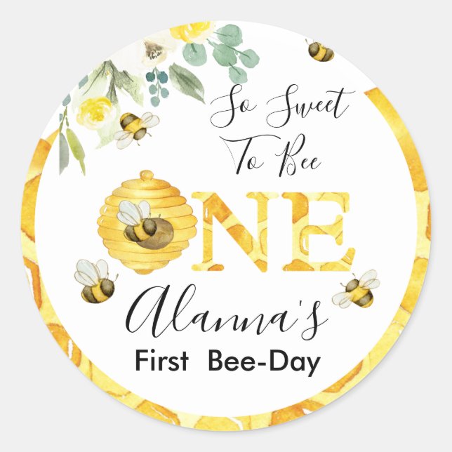 Floral Honey Bee First Bee-day Birthday Favor Classic Round Sticker (Front)