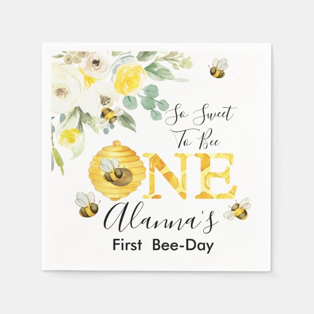 Floral Honey Bee First Bee-day Birthday Napkin (Front)