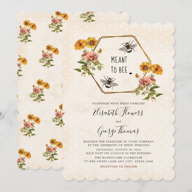 Floral Honey Bee Wedding Invitations (Front/Back)