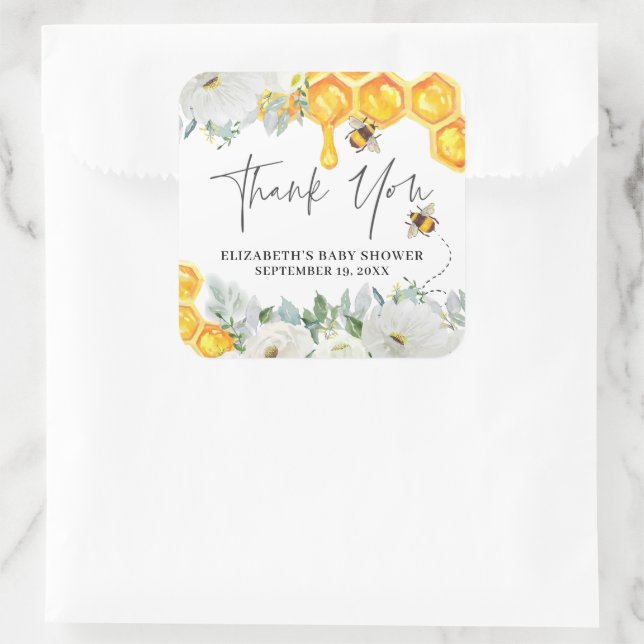 Floral Honeycomb Bumble Bee | Baby Shower Favour Square Sticker (Bag)
