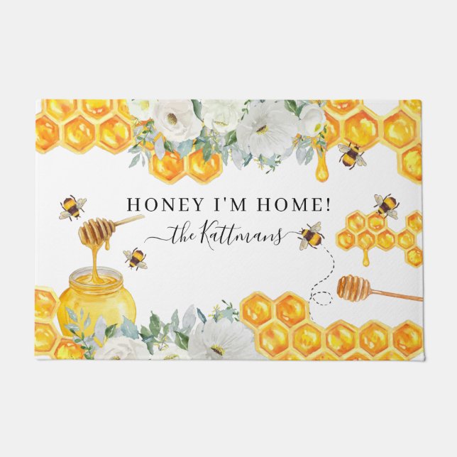 Floral Honeycomb Bumble Bee | Monogram Doormat (Front)