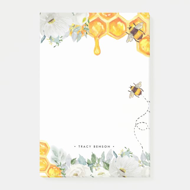 Floral Honeycomb Bumble Bee Monogram Personalised Post-it Notes (Front)