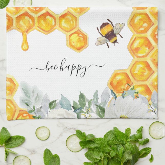 Floral Honeycomb Bumble Bee | Monogram Tea Towel (Folded)