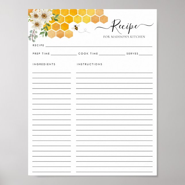 Floral Honeycomb Bumblebee Bee Kitchen Recipe Poster (Front)