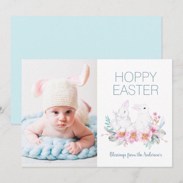 Floral Hoppy Easter Bunny 1 Photo Holiday Card (Front/Back)