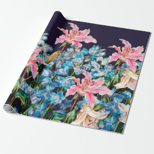 Floral horizontal border. Lilies and delphiniums,  Wrapping Paper