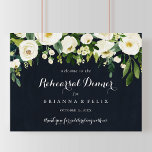 Floral Horizontal Rehearsal Dinner Welcome Sign<br><div class="desc">This floral horizontal rehearsal dinner welcome sign is perfect for a rustic wedding rehearsal. The design features elegant watercolor white peonies with green foliage in a dark blue background.</div>