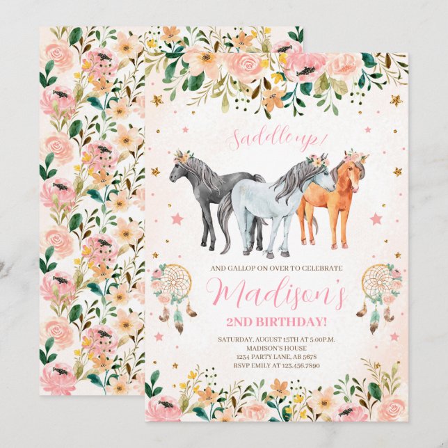 Floral Horse Birthday Invitation (Front/Back)