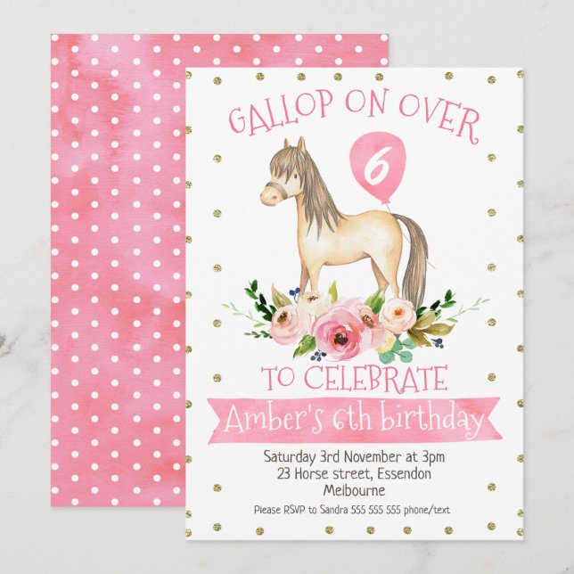 Floral Horse Birthday Party Invitation (Front/Back)