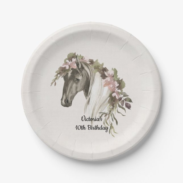 Floral Horse birthday party paper plates (Front)