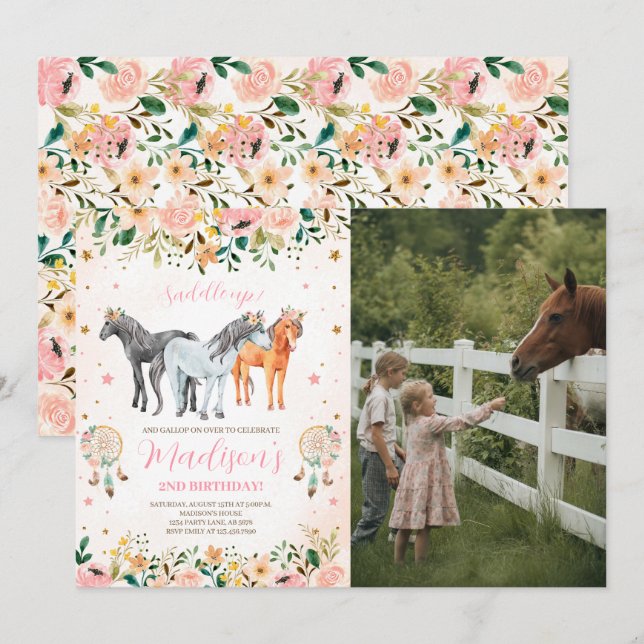 Floral Horse Birthday Photo Invitation (Front/Back)