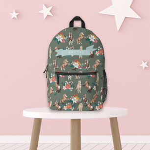 Floral Horse/Pony Pattern Sage Green Girl Printed Backpack