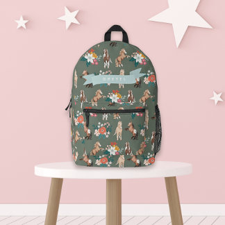 Floral Horse/Pony Pattern Sage Green Girl Printed Backpack