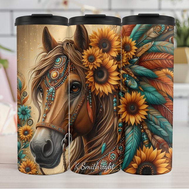 Floral Horse Sunflower Feather Adornment Thermal Tumbler (Creator Uploaded)