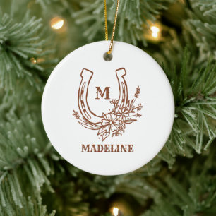 Floral Horseshoe Brown Country Western Monogram Ceramic Tree Decoration