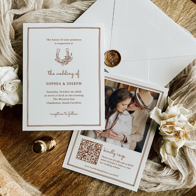Floral Horseshoe | Copper Rust Western Wedding Invitation (Creator Uploaded)