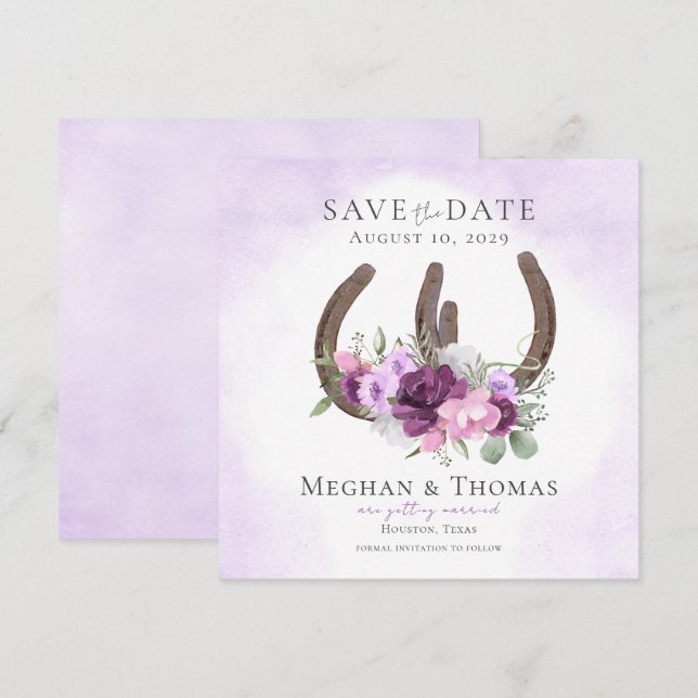 Floral Horseshoes Purple Save the Date (Front/Back)