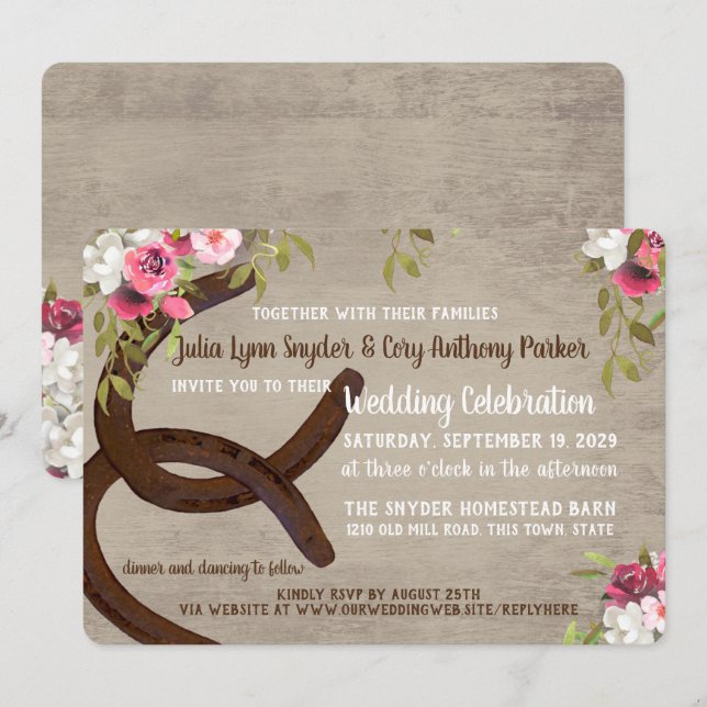 Floral Horseshoes Rustic Wedding Invitation (Front/Back)