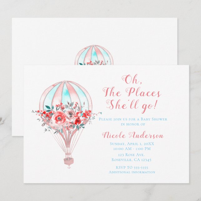 Floral Hot Air Baby Shower The Places She'll Go Invitation (Front/Back)