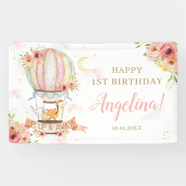 Floral Hot Air Balloon Animals Birthday Backdrop Banner (Horizontal)