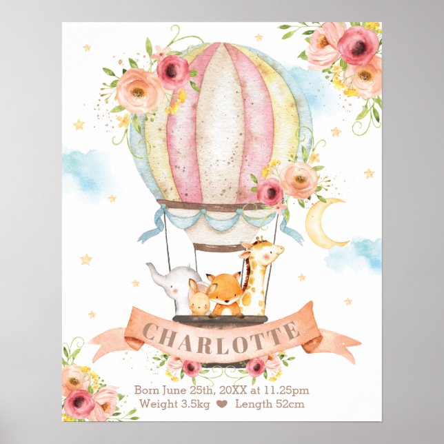 Floral Hot Air Balloon Animals Girl Birth Stats Poster (Front)